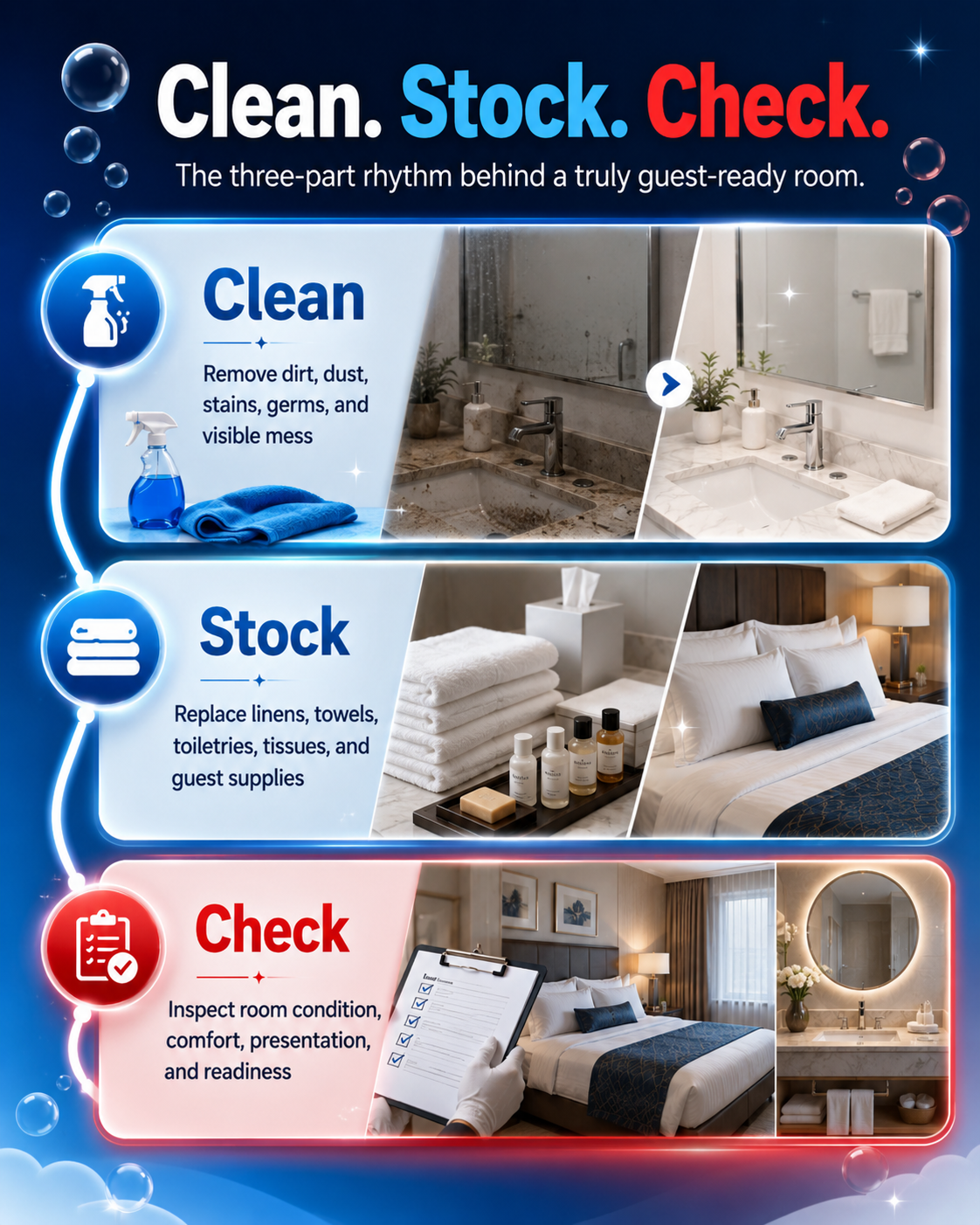 Clean Stock Check housekeeping framework for guest-ready rooms.