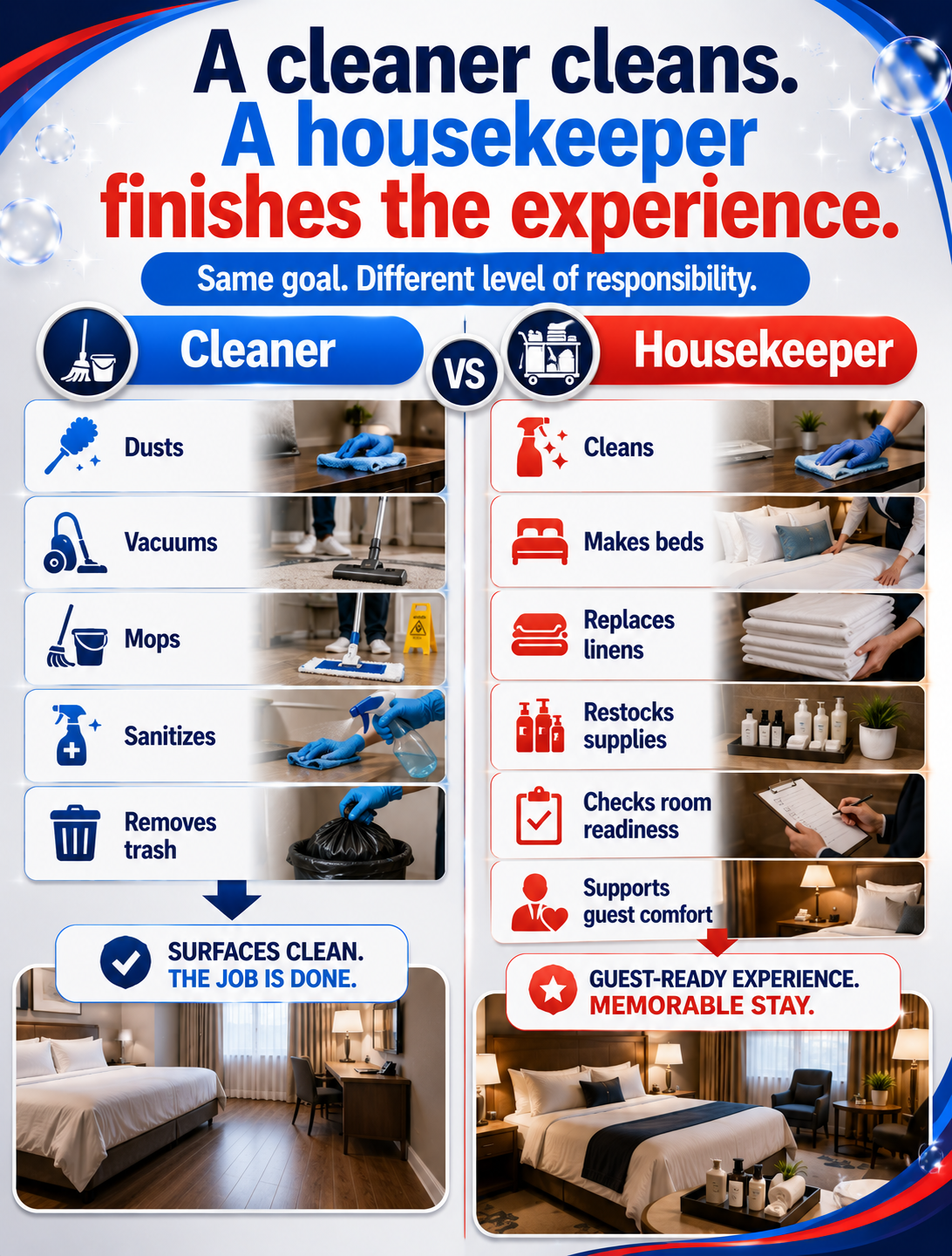 Cleaner vs housekeeper hotel duties infographic.