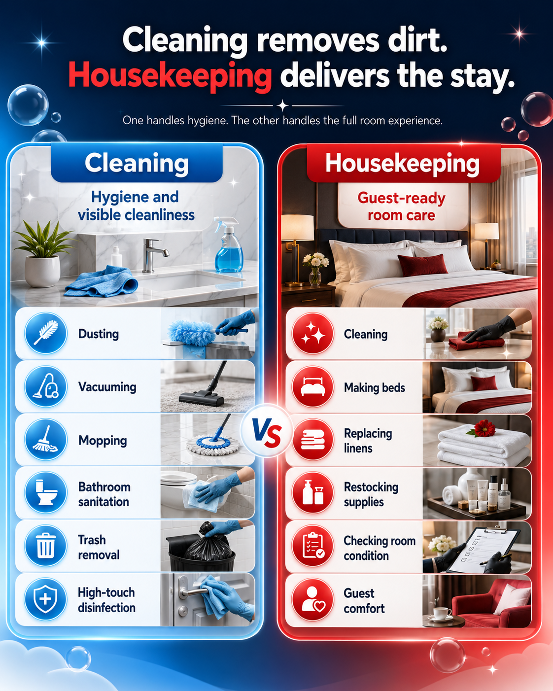 Hotel cleaning vs hotel housekeeping comparison infographic.