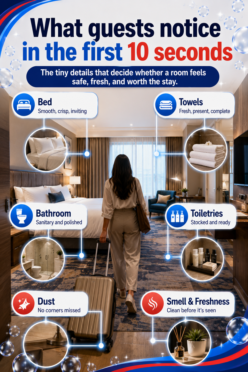 Hotel guest first-impression checklist showing what guests notice first in a room.