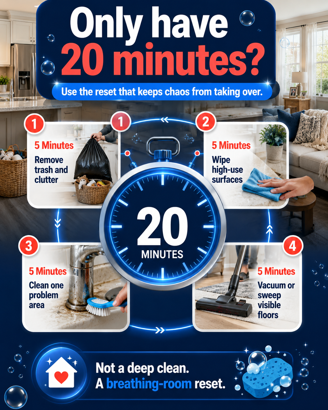 20-minute house cleaning reset checklist for busy families.