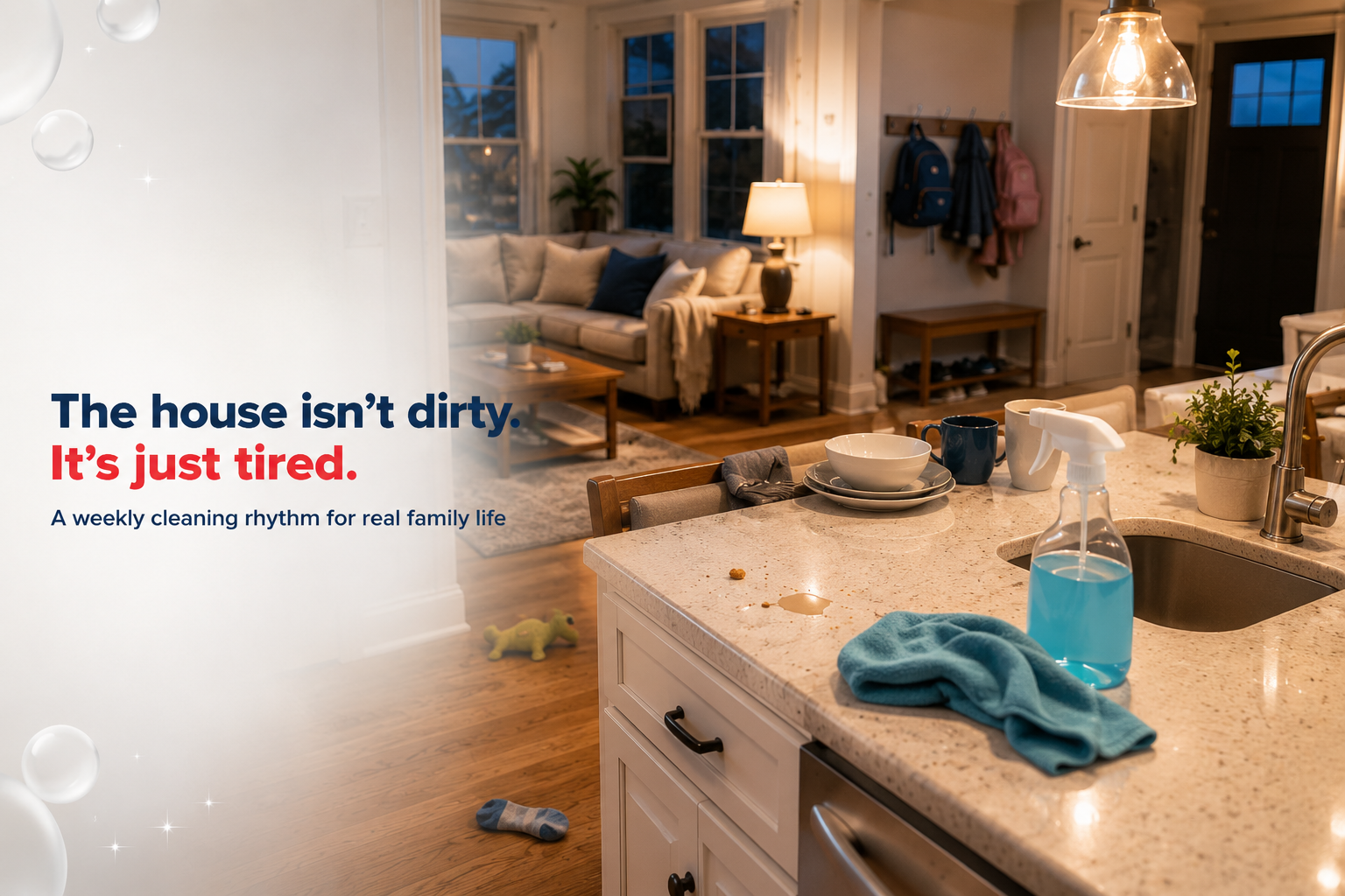 weekly cleaning schedule, busy families, family home cleaning