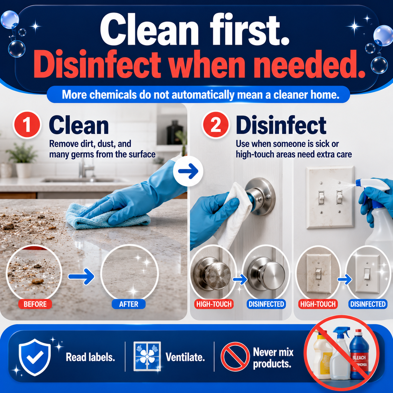 Cleaning vs disinfecting infographic explaining clean first and disinfect when needed.