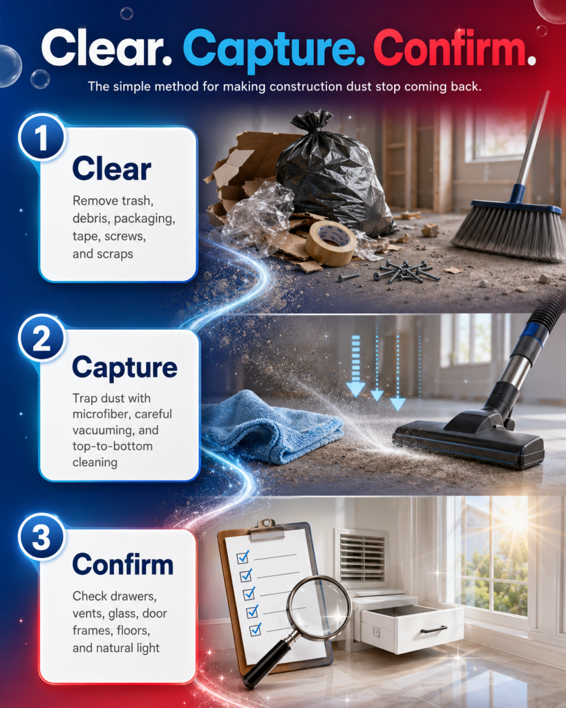 Clear Capture Confirm post-construction cleaning method infographic