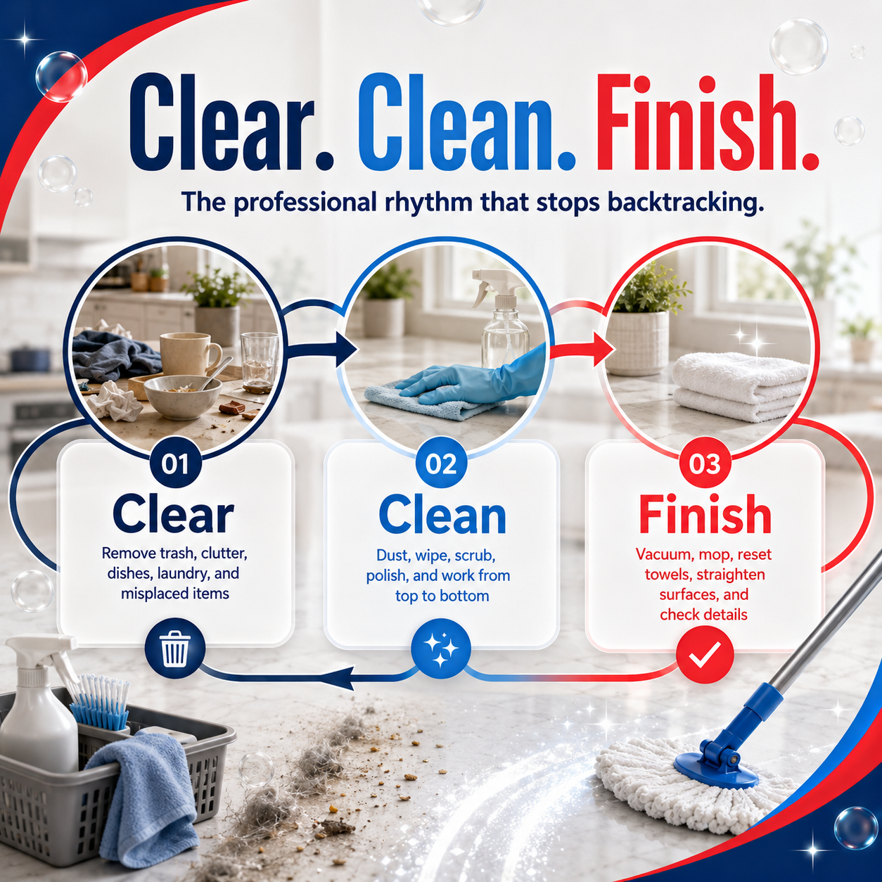 Clear Clean Finish professional house cleaning method infographic.