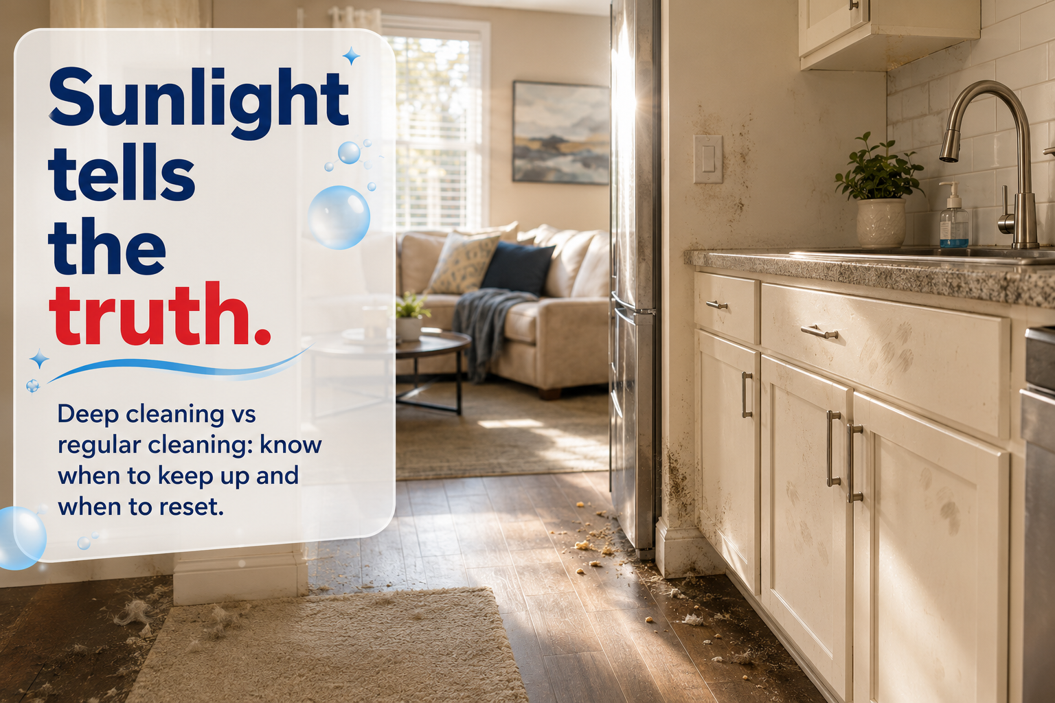 Deep cleaning vs regular cleaning shown by sunlight revealing hidden dust and buildup.
