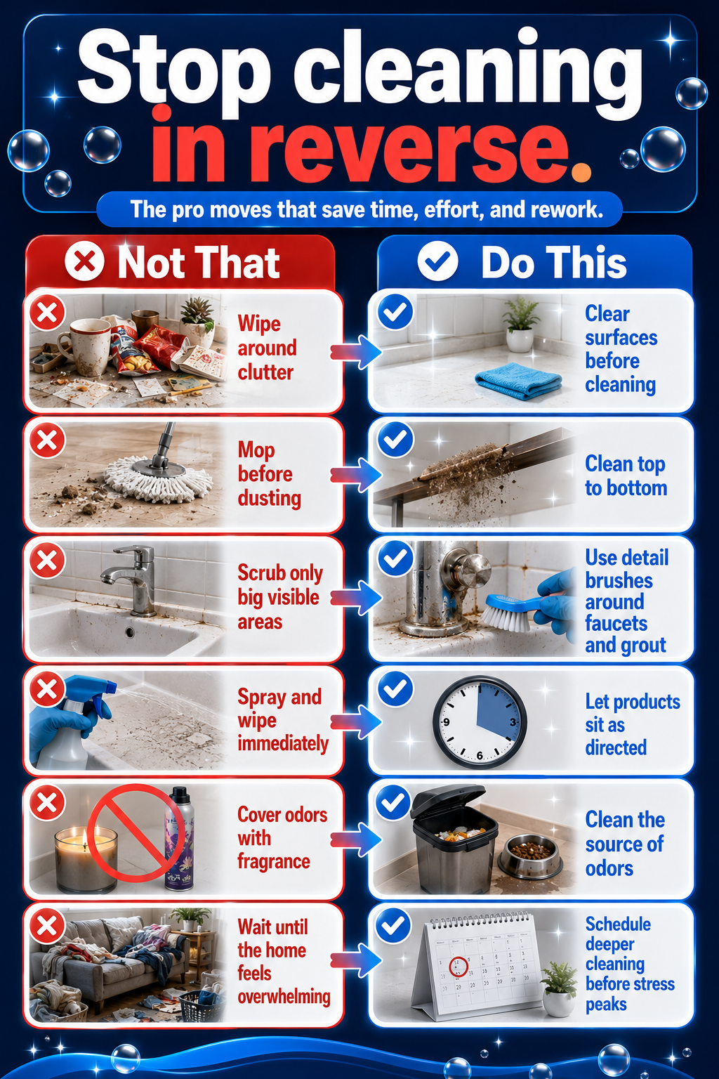 Do this not that house cleaning tips infographic for cleaning order, clutter, odors, and product dwell time.