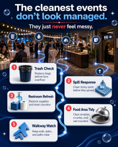 During-event cleaning checklist for trash, spills, restrooms, food areas, and walkways.