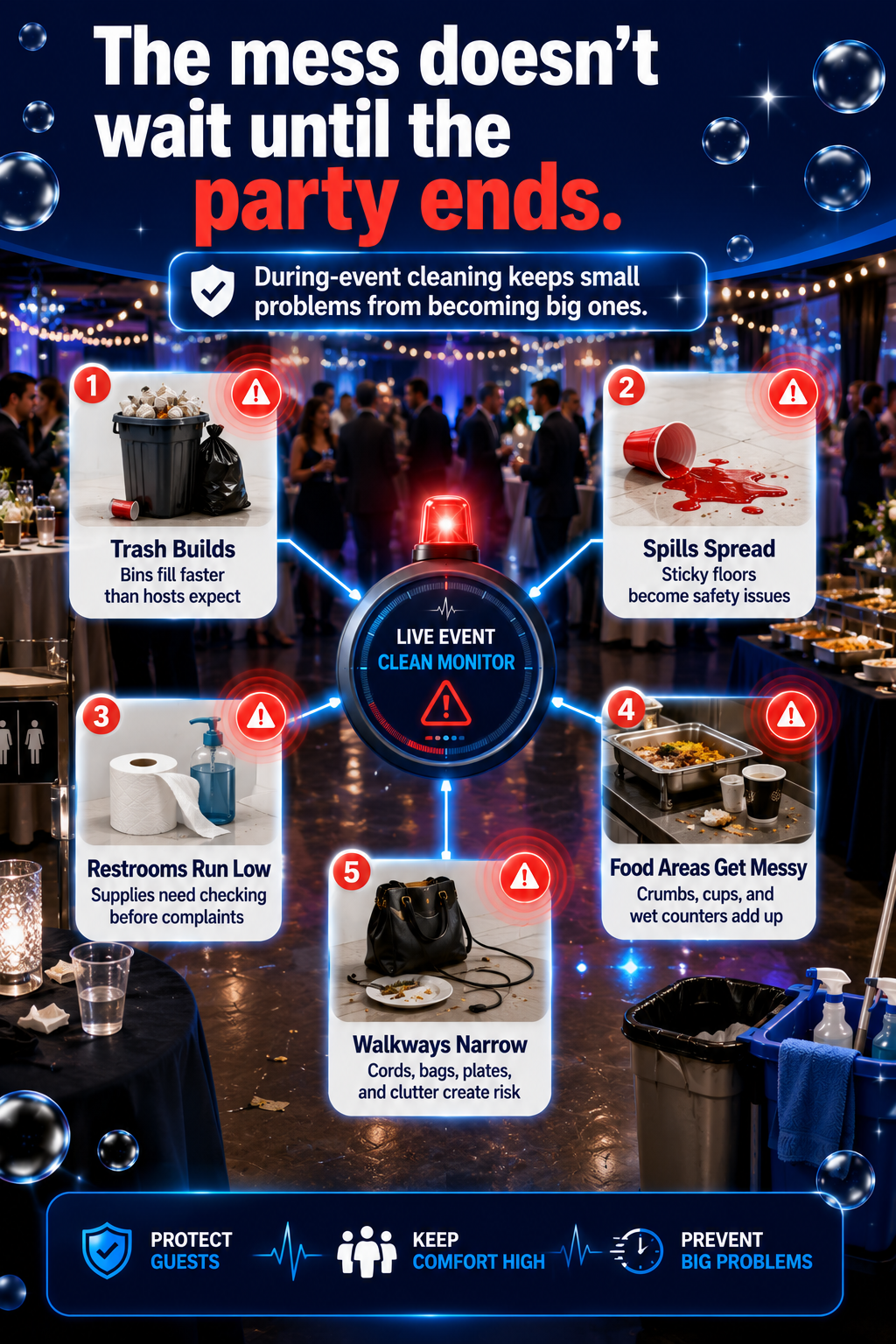 During-event cleaning infographic showing trash, spills, restrooms, food areas, and walkways.