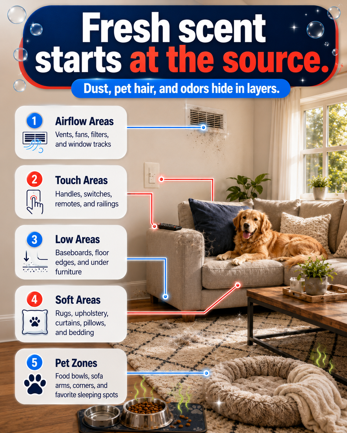 Dust pet hair and odor cleaning map for vents, baseboards, soft surfaces, and pet zones.