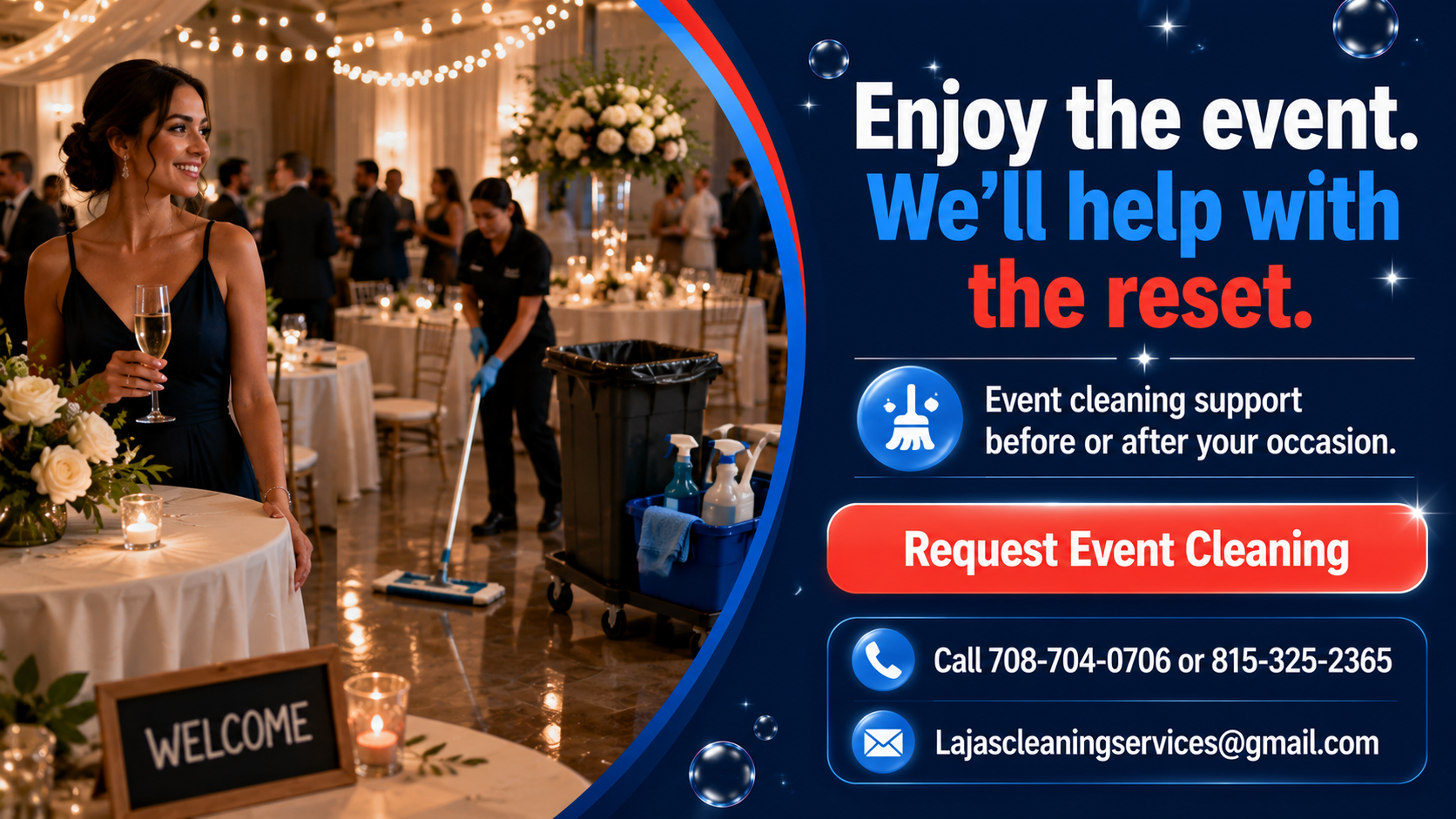Event cleaning services CTA for before and after party cleanup support.