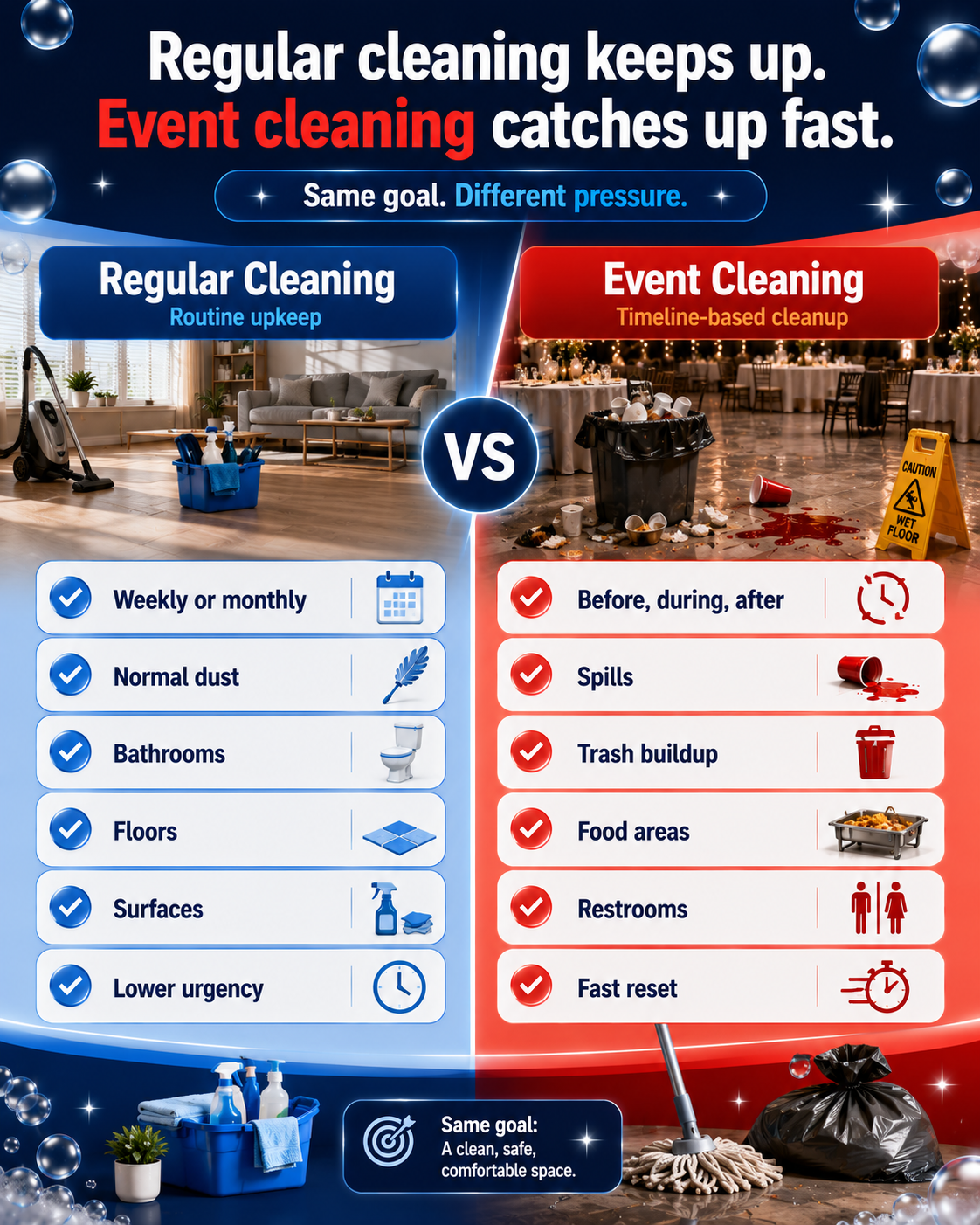 Event cleaning vs regular cleaning comparison for parties, venues, and business events.