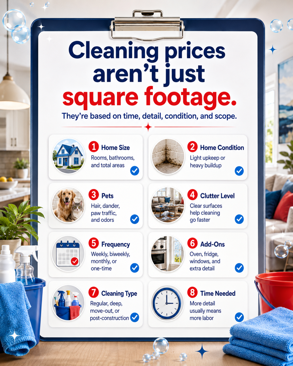 House cleaning pricing factors including home size, condition, pets, clutter, frequency, add-ons, and cleaning type.