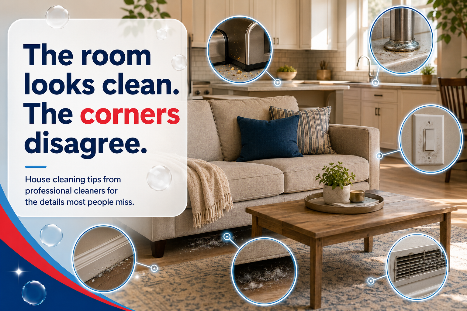 House cleaning tips showing hidden messes professional cleaners notice in a clean-looking room.