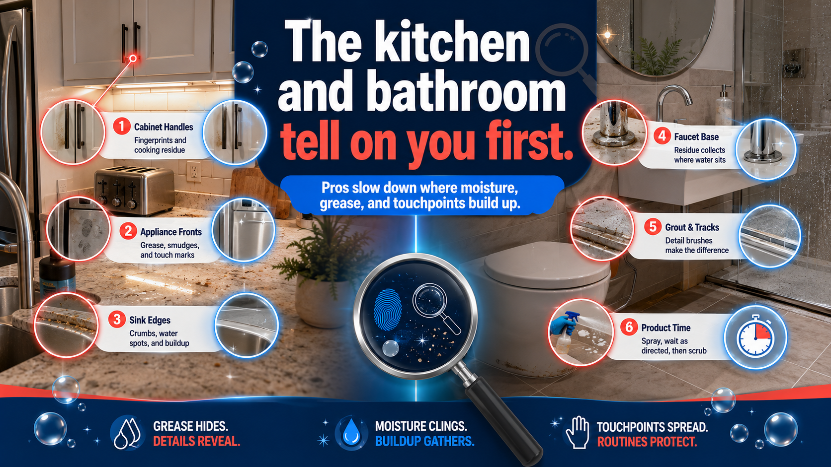 Kitchen and bathroom cleaning tips showing grease, faucet buildup, grout, appliance handles, and product dwell time.