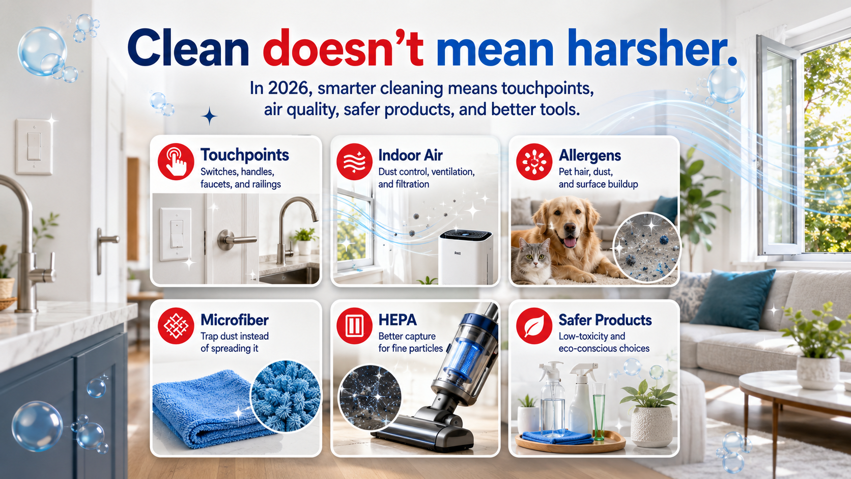 Modern 2026 cleaning infographic showing touchpoints, indoor air, allergens, microfiber, HEPA, and safer products.