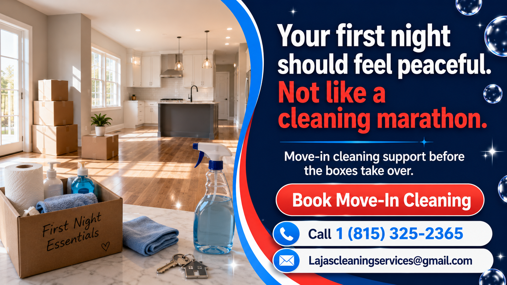 Move-in cleaning service CTA for a clean first night in a new home.