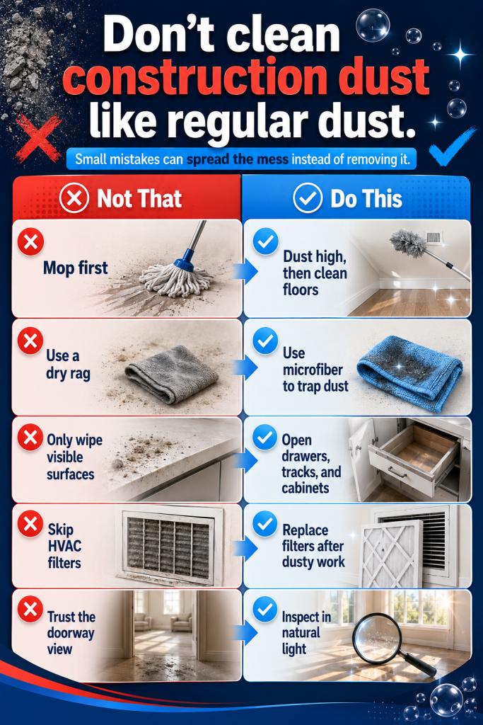 Post-construction cleaning mistakes infographic with do this not that tips