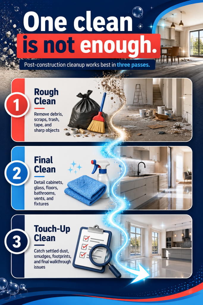 Post-construction cleaning phases rough clean, final clean, touch-up clean