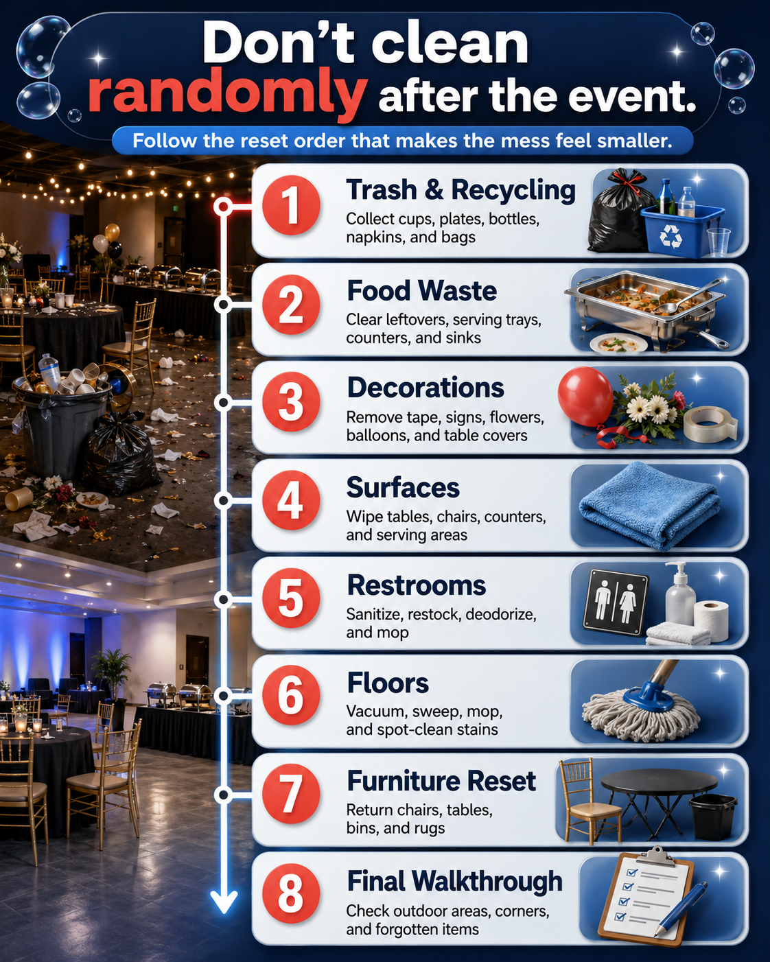 Post-event cleanup checklist showing trash, food waste, decorations, restrooms, floors, and final walkthrough.