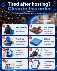 Post-event cleanup checklist with eight steps for cleaning after guests leave.