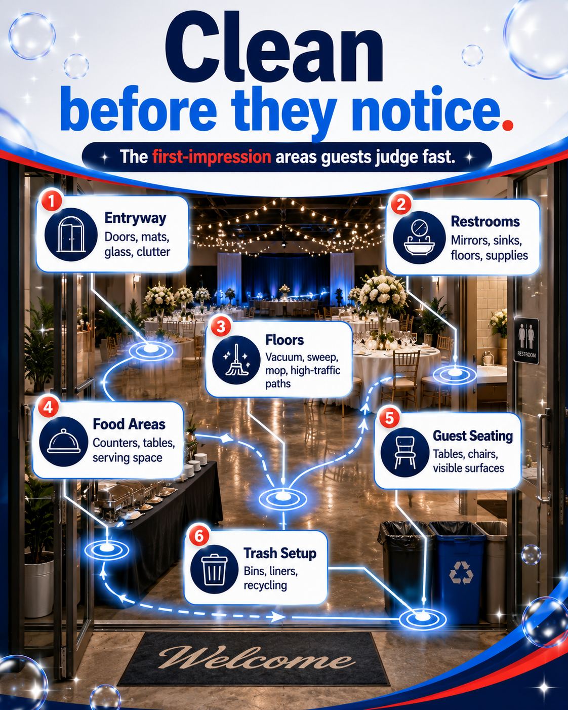 Pre-event cleaning checklist for entryway, restrooms, floors, food areas, seating, and trash setup.
