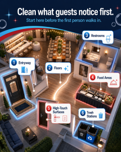 Pre-event cleaning checklist showing entryway, floors, restrooms, food areas, surfaces, and trash stations.
