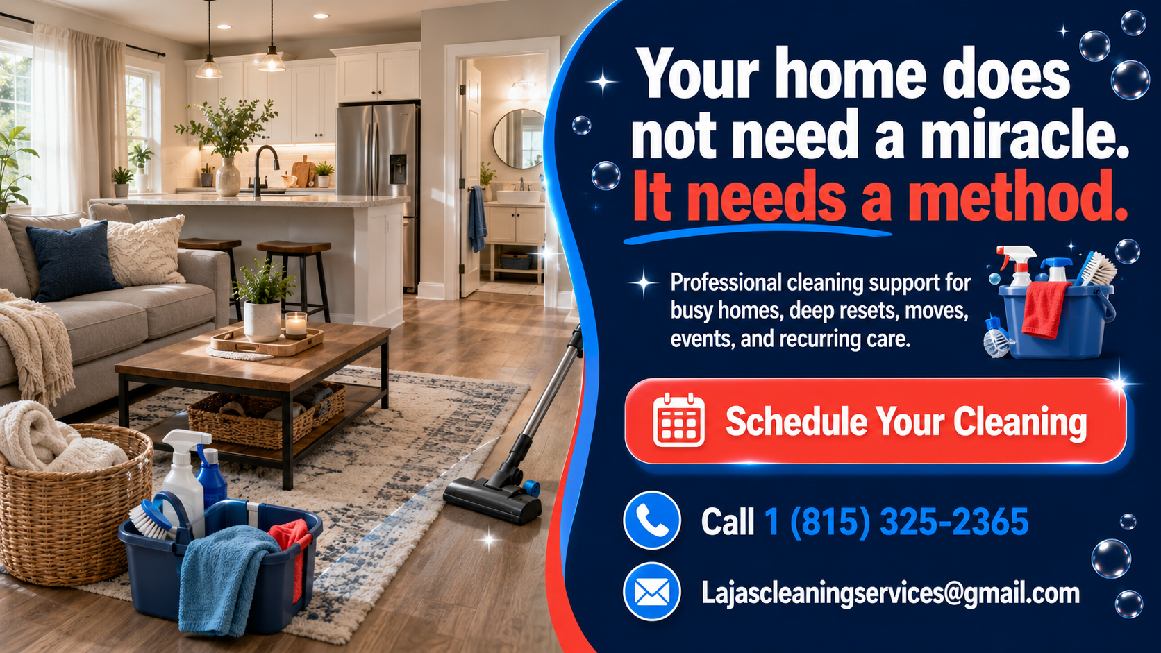 Professional house cleaning CTA for busy homes, deep cleaning, move cleaning, and recurring care.