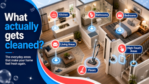 Residential cleaning checklist showing kitchens, bathrooms, bedrooms, living areas, floors, and high-touch areas.