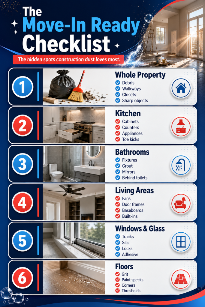 Room-by-room post construction cleaning checklist for move-in ready spaces