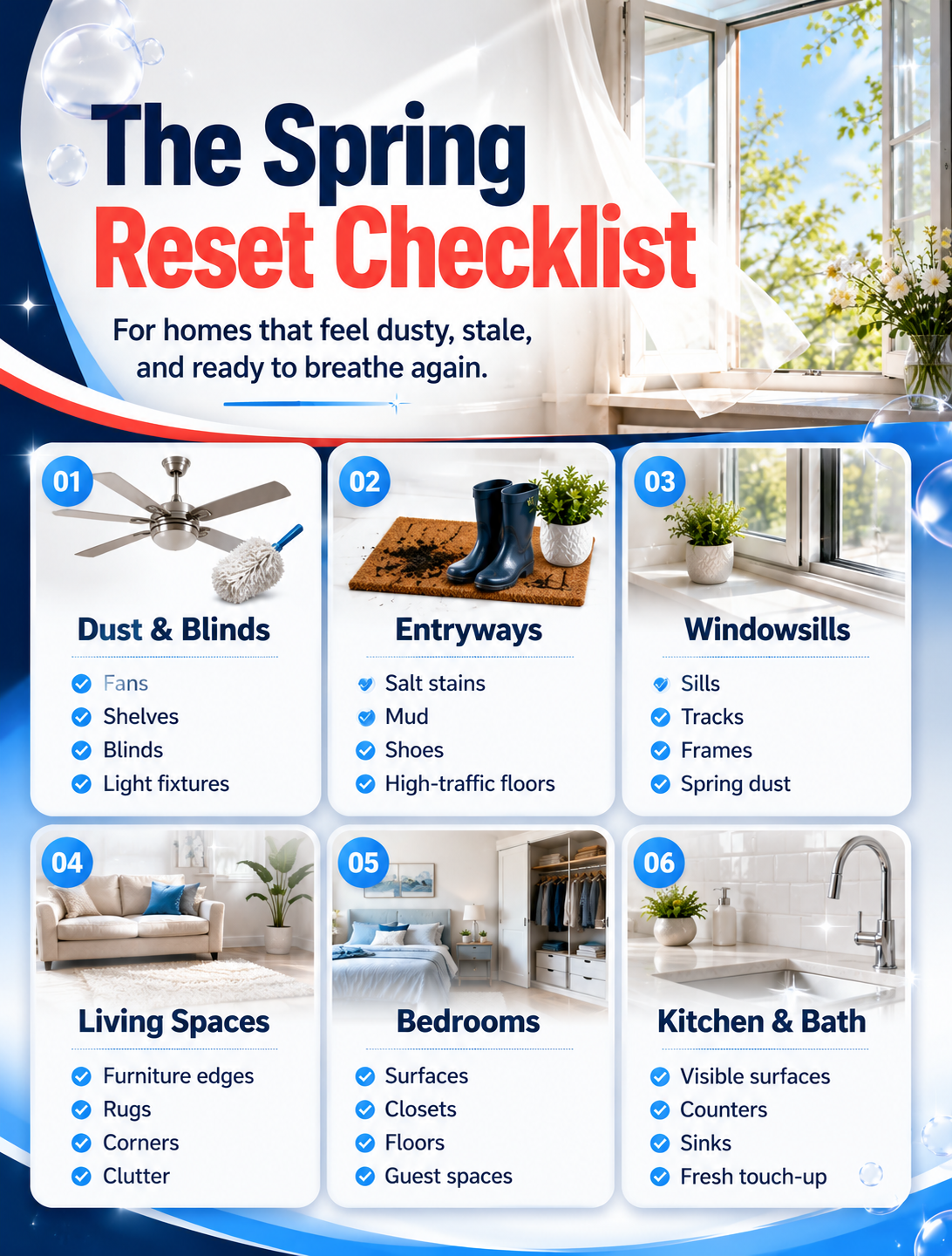 Spring cleaning checklist for dust, blinds, entryways, windowsills, and living spaces.