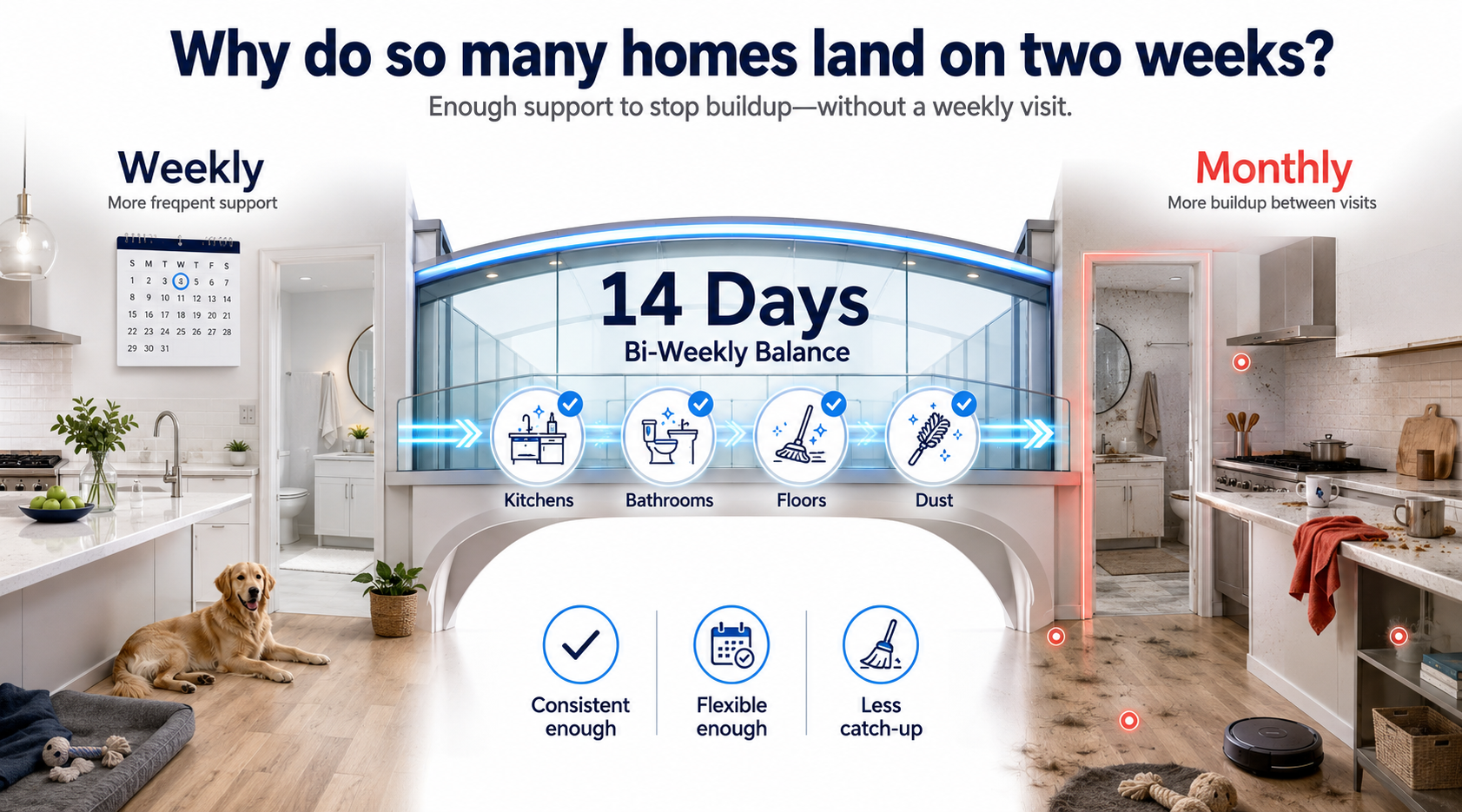 Bi-weekly house cleaning infographic showing the fourteen-day balance between weekly frequency and monthly buildup.