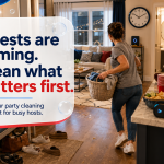 Clean house before party checklist showing a busy host preparing kitchen, bathroom, entryway, and living room.