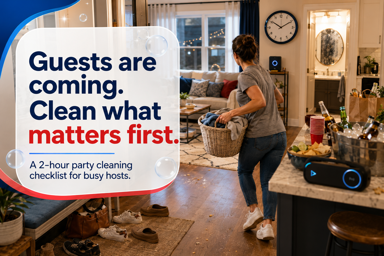 Clean house before party checklist showing a busy host preparing kitchen, bathroom, entryway, and living room.
