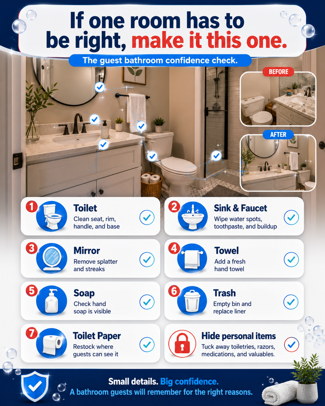 Guest bathroom cleaning checklist before a party with toilet, sink, mirror, towels, soap, trash, and toilet paper.
