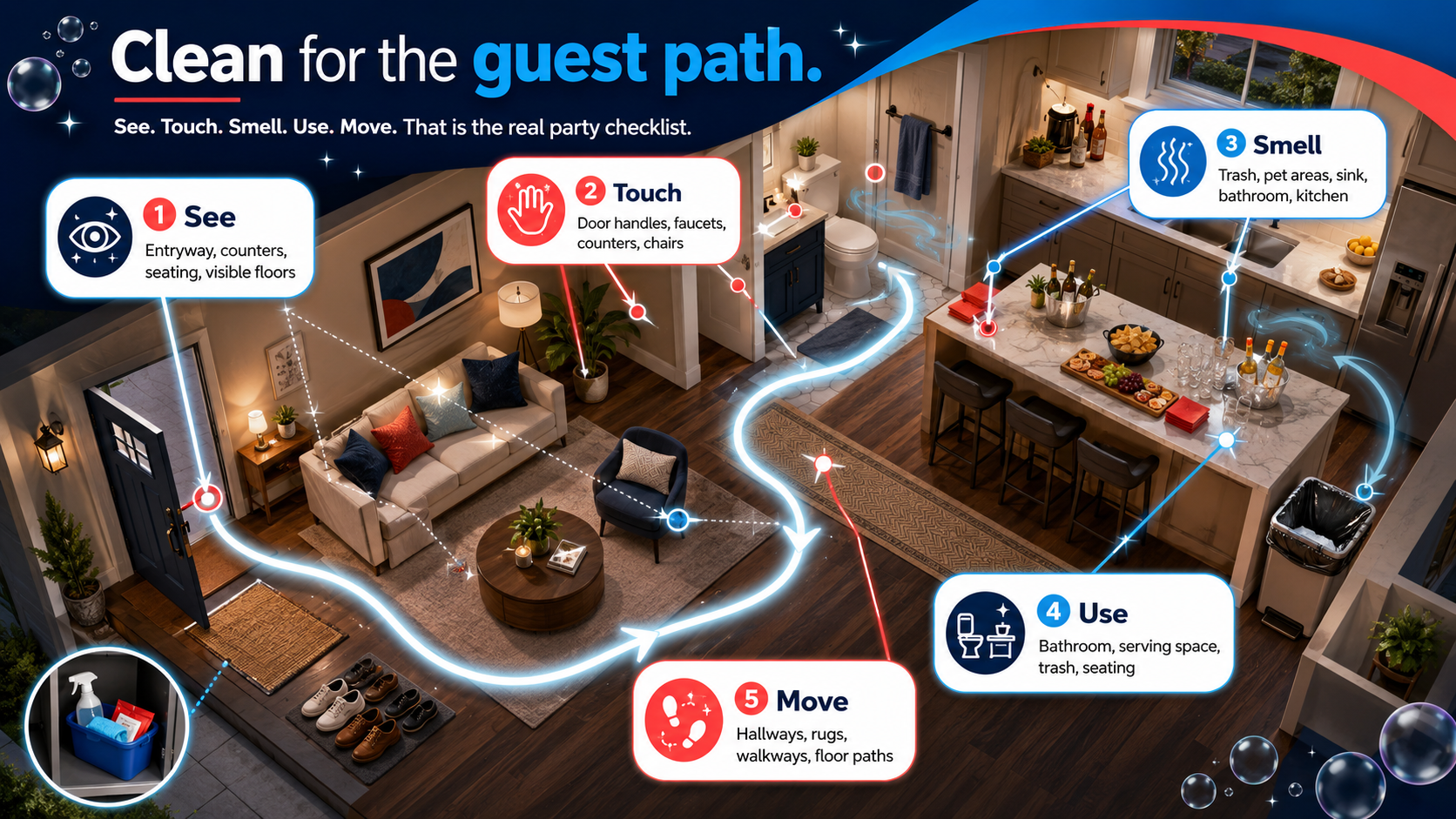 Guest path party cleaning map showing what guests see, touch, smell, use, and walk through.
