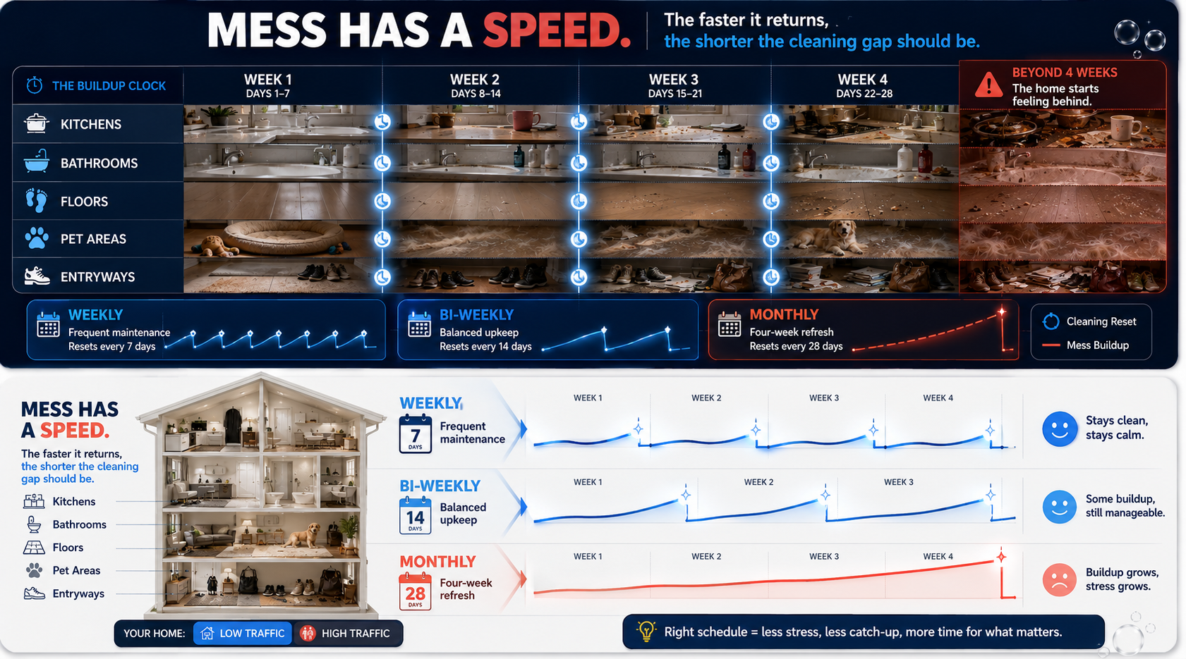 House cleaning frequency infographic showing how mess accumulates across weekly, bi-weekly, and monthly schedules.