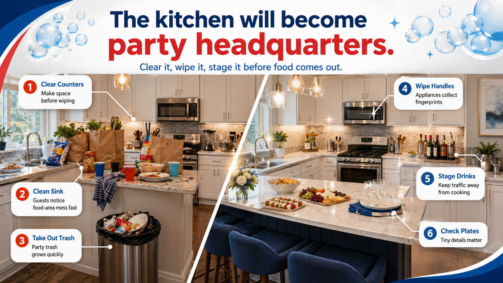Kitchen cleaning checklist before a party showing counters, sink, trash, appliance handles, drinks, and plates.