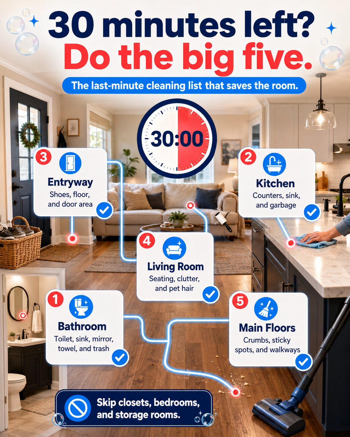Last-minute 30-minute party cleaning checklist for bathroom, kitchen, entryway, living room, and floors.