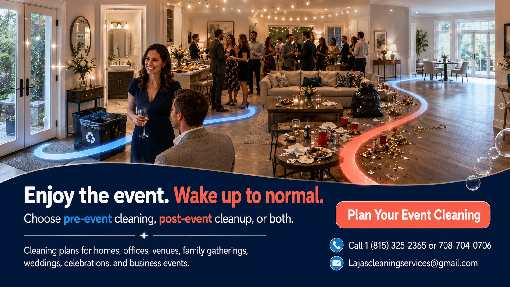 Event-cleaning CTA showing a host enjoying the gathering while a cleaning timeline moves from a guest-ready space to a restored room afterward.