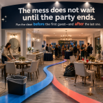 Pre-event and post-event cleaning feature image showing one venue before guests arrive, during the celebration, and after everyone leaves.