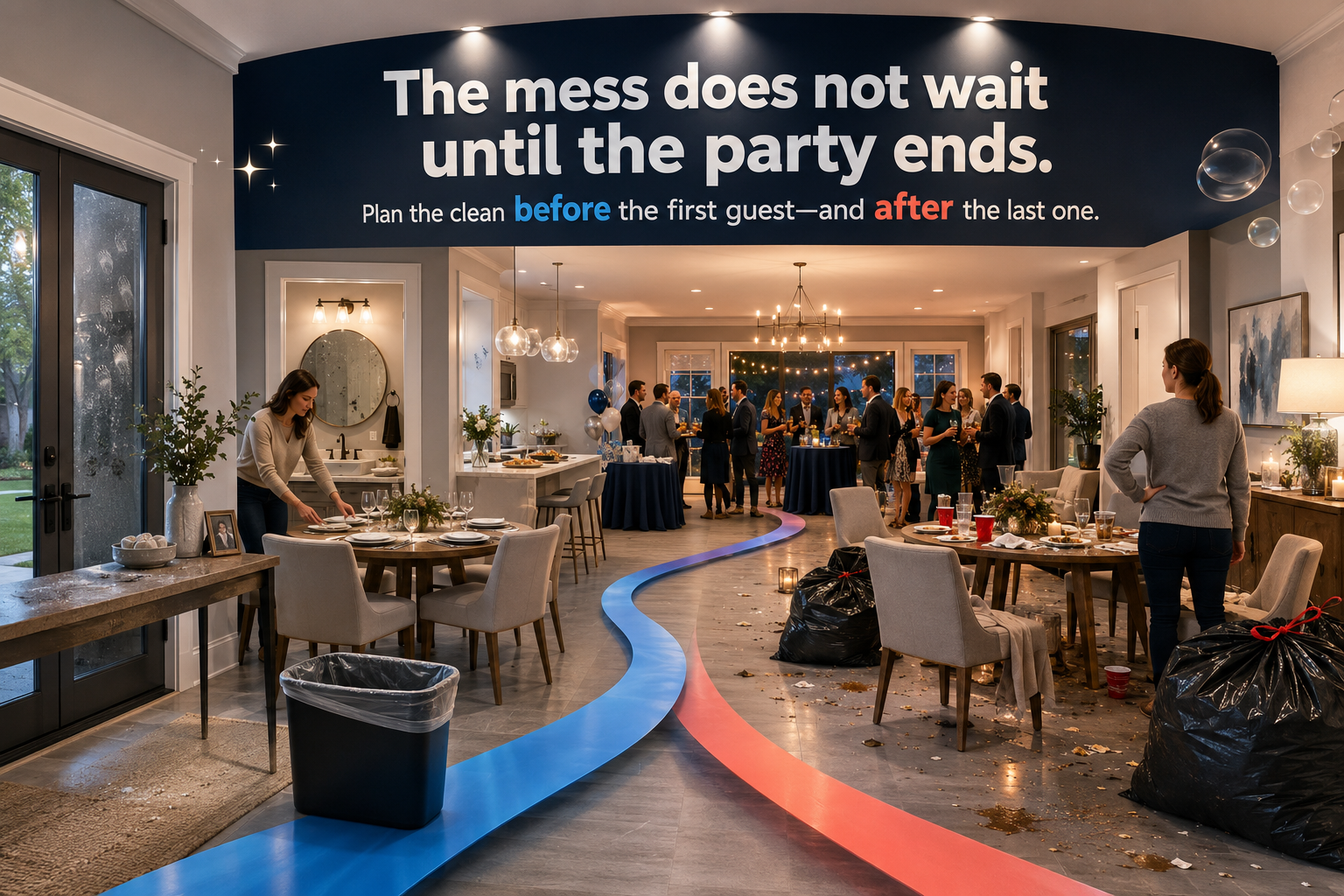 Pre-event and post-event cleaning feature image showing one venue before guests arrive, during the celebration, and after everyone leaves.