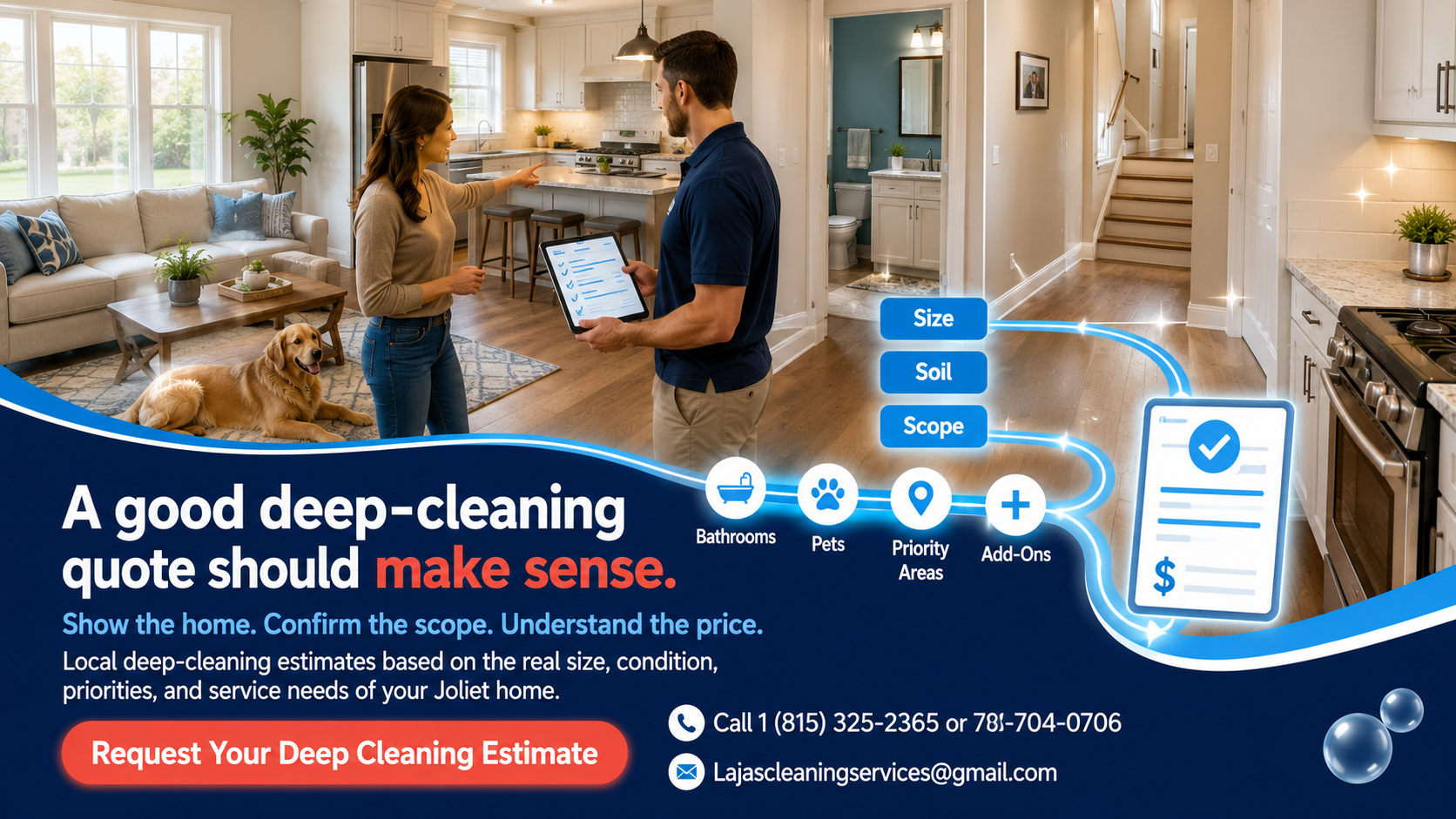 Joliet homeowner reviewing a deep-cleaning estimate based on home size, condition, bathrooms, pets, priorities, and requested add-ons.