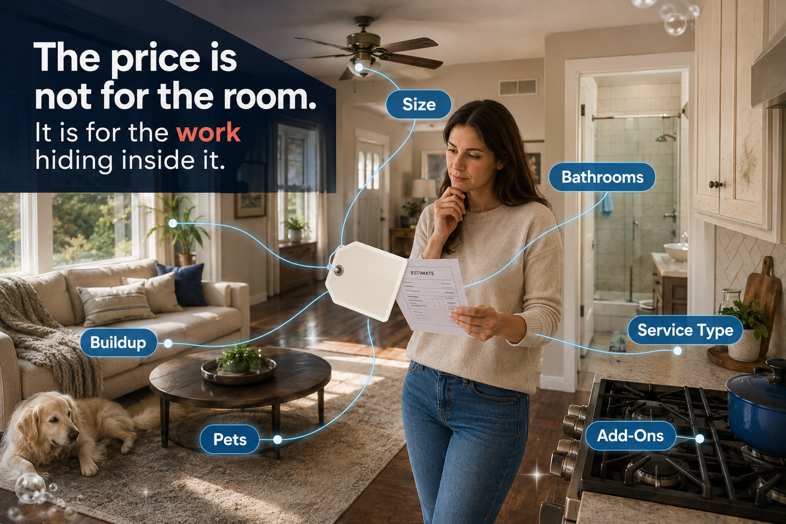 Deep cleaning cost feature image connecting a home estimate to bathrooms, baseboards, kitchen buildup, pet hair, ceiling fans, and add-on work.