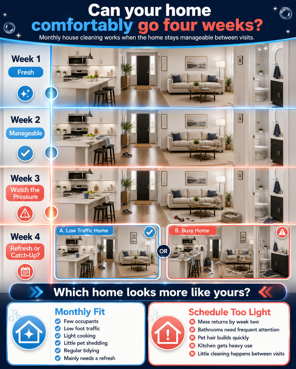 Monthly house cleaning fit guide showing how a tidy home and busy home change over four weeks.