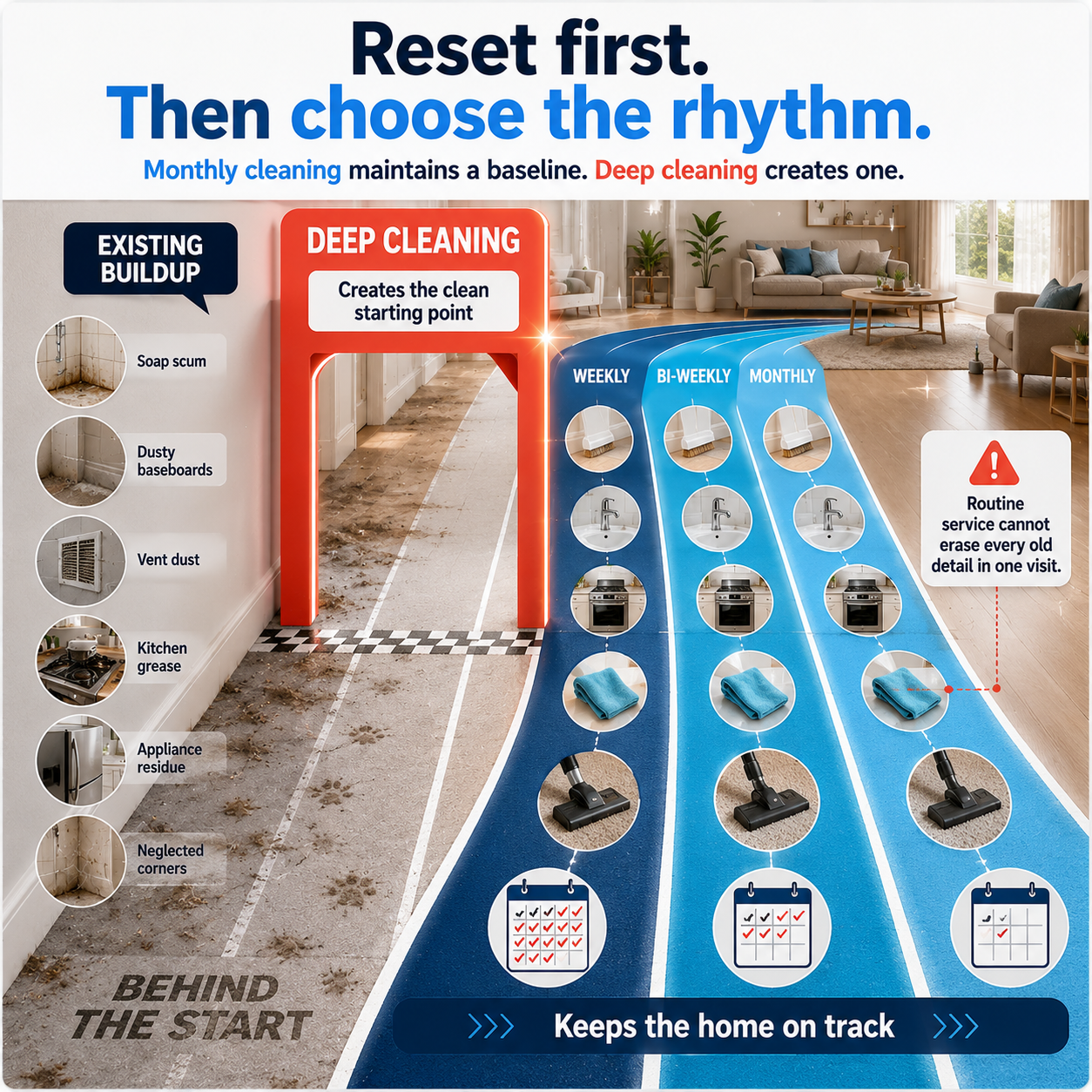 Monthly house cleaning versus deep cleaning infographic showing deep cleaning creates a starting point and routine service maintains it.