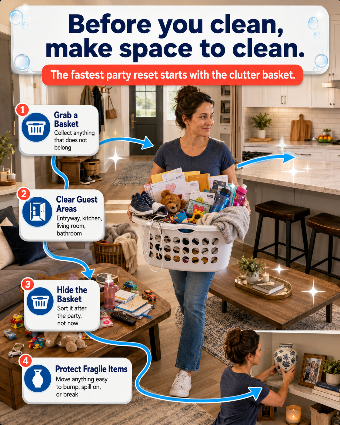 Pre-party decluttering checklist using a laundry basket to clear entryway, kitchen, bathroom, and living room.