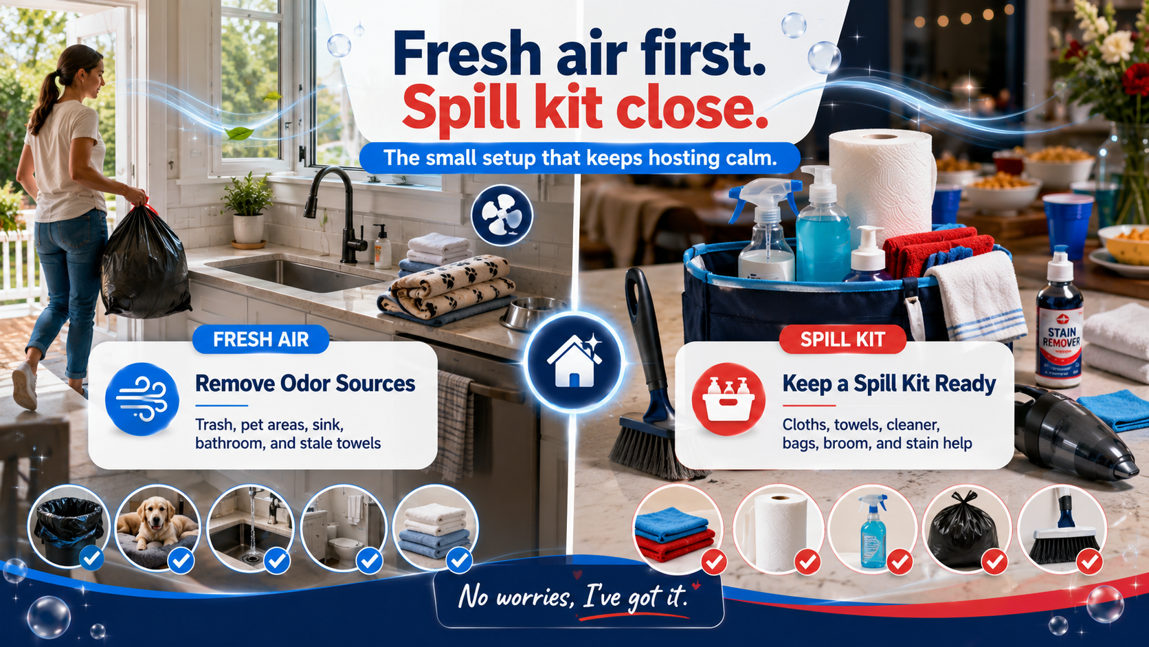 Pre-party fresh air and spill kit checklist for odor control and quick cleanup.
