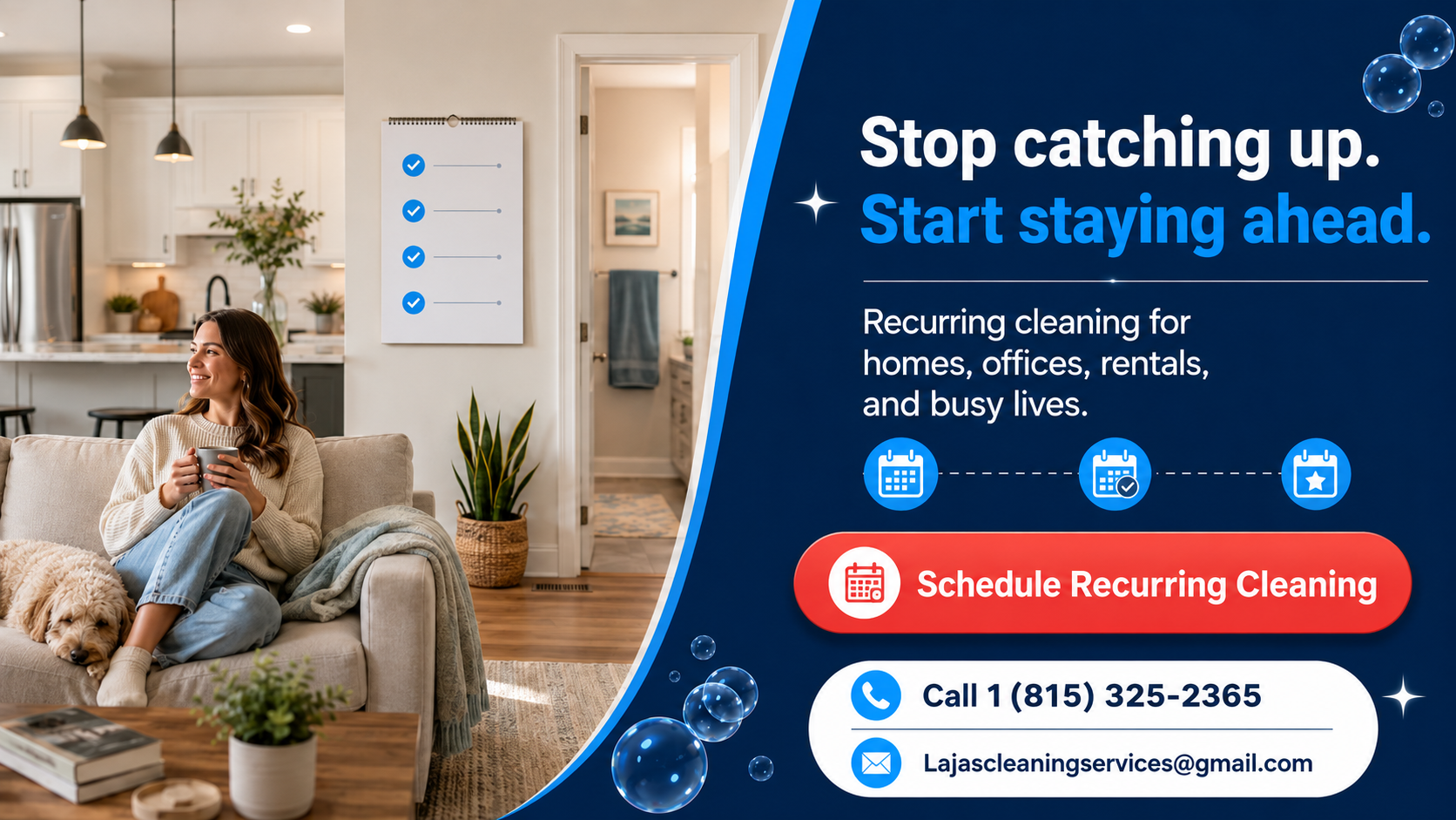 Recurring cleaning CTA for homes, offices, rentals, and busy schedules.