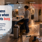 Recurring cleaning feature image showing a busy home where clutter, pet hair, dishes, and dust build up during the week.